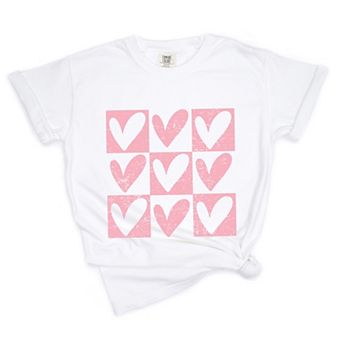 Pink Heart Checkered Chart - Women's Garment Dyed Graphic T-Shirt