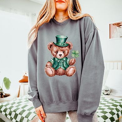 Watercolor Leprechaun Teddy Bear - Women's Lightweight Garment Dyed Sweatshirt