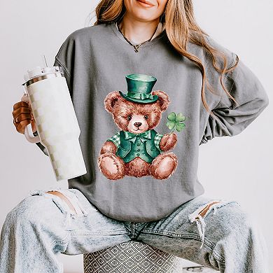Watercolor Leprechaun Teddy Bear - Women's Lightweight Garment Dyed Sweatshirt