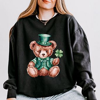 Watercolor Leprechaun Teddy Bear - Women's Lightweight Garment Dyed Sweatshirt