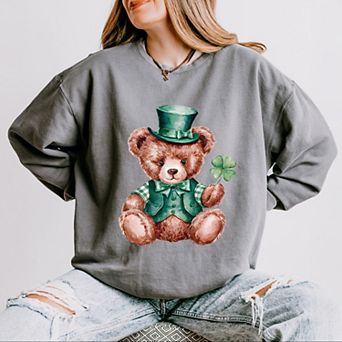 Watercolor Leprechaun Teddy Bear - Women's Lightweight Garment Dyed Sweatshirt