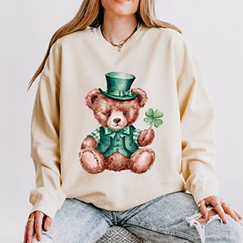 Watercolor Leprechaun Teddy Bear - Women's Lightweight Garment Dyed Sweatshirt