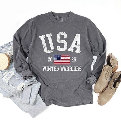USA Winter Warriors - Women's Garment Dyed Long Sleeve Graphic T-Shirt