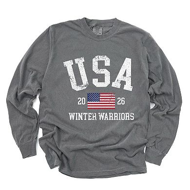 USA Winter Warriors - Women's Garment Dyed Long Sleeve Graphic T-Shirt