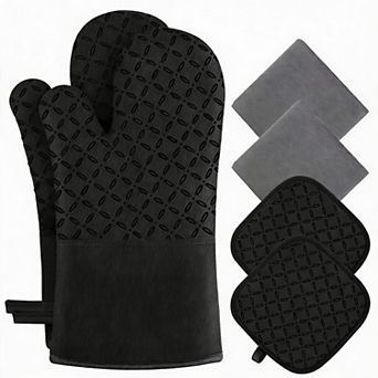 6 pc Kitchen Set: Oven Mitts, Pot Holders, Towels - Heat Resistant, Non-Slip, Soft Cotton