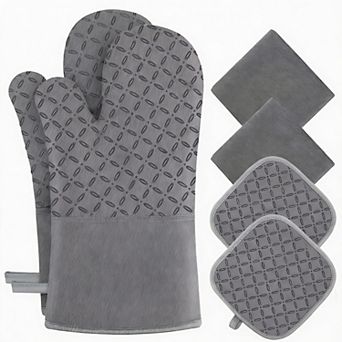 6 pc Kitchen Set: Oven Mitts, Pot Holders, Towels - Heat Resistant, Non-Slip, Soft Cotton