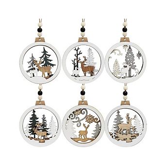 6 pc Wooden Farmhouse Rustic Reindeer Ornaments