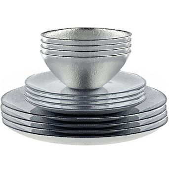 12 pc Modern Glass Dinnerware Plates and Bowls Set with Sand Inspired Pattern for Dinner Parties