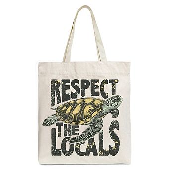 Respect the Locals Turtles Canvas Tote Bag, Retro Grunge Gift for Ocean and Beach Lovers