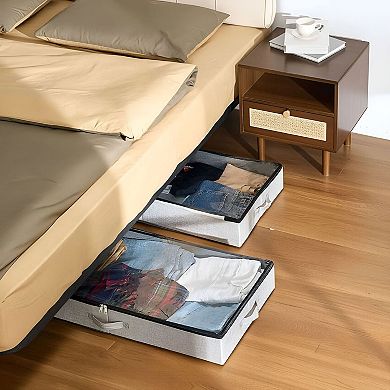 2-Pack Foldable Under Bed Storage Organizer 45L with Clear Top for Clothes, Shoes, and Blankets Grey