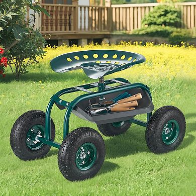 Garden Work Seat with Wheels and Storage Tray for Planting and Yard Tasks - Green