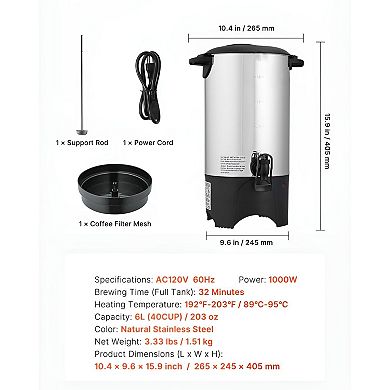 6L Coffee Urn Stainless Steel Brews Up to 40 Cups for Office or Event - Silver
