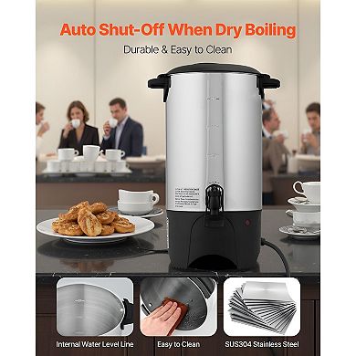 6L Coffee Urn Stainless Steel Brews Up to 40 Cups for Office or Event - Silver