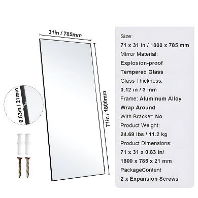 71 x 31-inch Oversized Full-Length Wall Mirror with Black Aluminum Frame for Bedroom or Closet