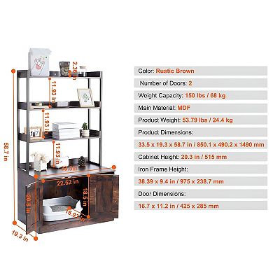 Cat Litter Box Enclosure Cabinet with Shelves and Doors - Dark Brown