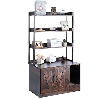 Cat Litter Box Enclosure Cabinet with Shelves and Doors - Dark Brown