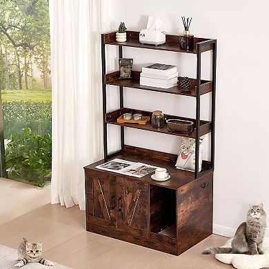 Cat Litter Box Enclosure Cabinet with Shelves and Doors - Dark Brown