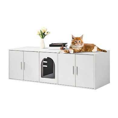 Cat Litter Box Enclosure Furniture with Doors, Hidden Litter Cabinet - White