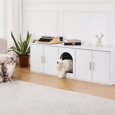 Cat Litter Box Enclosure Furniture with Doors, Hidden Litter Cabinet - White
