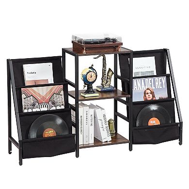 Record Player Stand with Vinyl Storage Shelves, Metal Turntable Table - Black