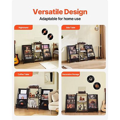 Record Player Stand with Vinyl Storage Shelves, Metal Turntable Table - Black