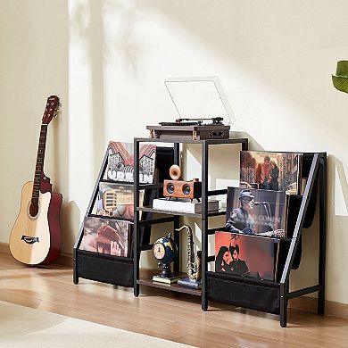 Record Player Stand with Vinyl Storage Shelves, Metal Turntable Table - Black