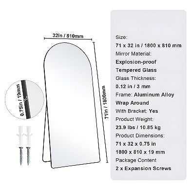 Black Frame Oversized Arched Floor Mirror 71 x 32 inch for Bedroom or Closet