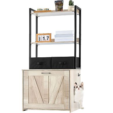 Cat Litter Box Enclosure Cabinet with Shelves and Storage Baskets - Natural