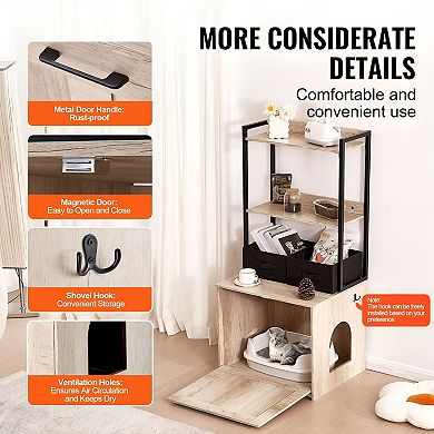 Cat Litter Box Enclosure Cabinet with Shelves and Storage Baskets - Natural