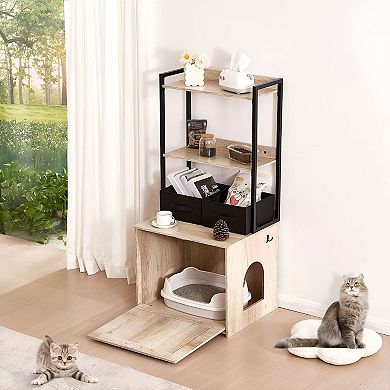 Cat Litter Box Enclosure Cabinet with Shelves and Storage Baskets - Natural