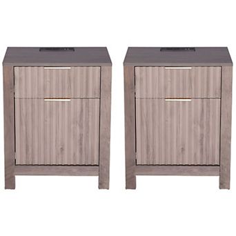 2 pc Farmhouse Side Table with USB and Outlet, End Table for Sofa or Bedroom - Grey
