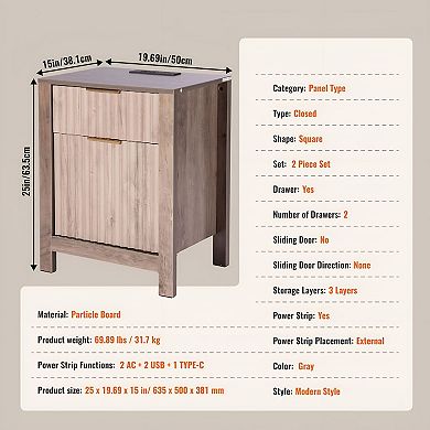 2 Pieces Farmhouse Side Table with USB and Outlet, End Table for Sofa or Bedroom - Grey