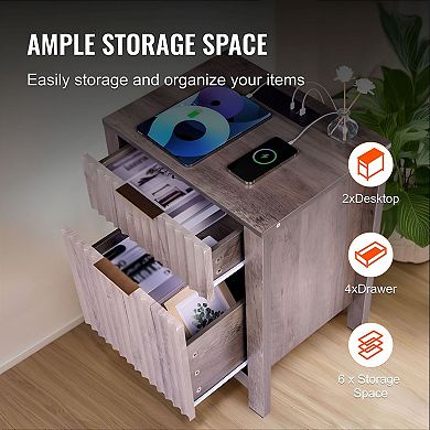 2 Pieces Farmhouse Side Table with USB and Outlet, End Table for Sofa or Bedroom - Grey