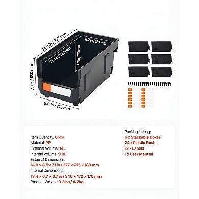 6-Piece Large Stackable Plastic Storage Bins Set with Labels for Tools, Crafts, and Accessories