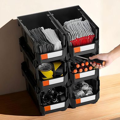 6-Piece Large Stackable Plastic Storage Bins Set with Labels for Tools, Crafts, and Accessories