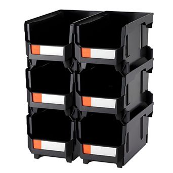 6 pc Large Stackable Plastic Storage Bins Set with Labels for Tools, Crafts, and Accessories