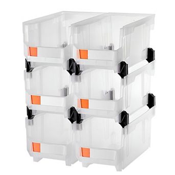 6 pc Large Stackable Plastic Storage Bins Set with Labels for Tools, Crafts, and Accessories