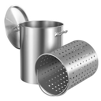 36-qt Stainless Steel Stock Pot with Strainer Basket for Seafood Boils and Turkey Frying - Silver