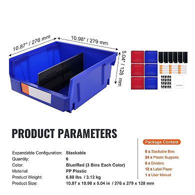 6-Piece Large Stackable Plastic Storage Bins Set with Dividers and Labels for Crafts Office or Toys