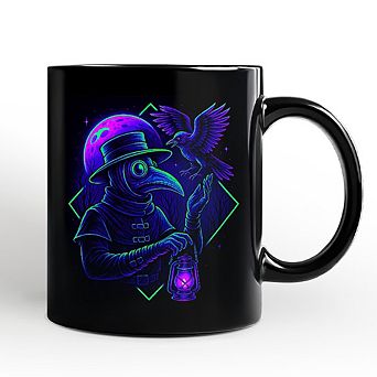 Vaporwave Plague Doctor Mug, Retro Neon Horror Vibes Halloween Gift
