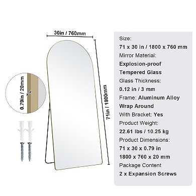 Freestanding or Wall-Mount Arched Full-Length Mirror 71 x 30-inch Gold Frame for Bedroom or Closet