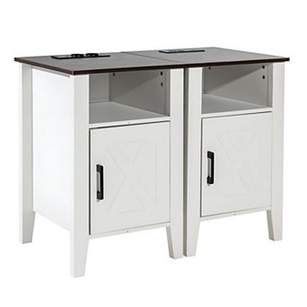 2 pc Farmhouse Side Table with USB and Outlet, End Table for Sofa or Bedroom - White