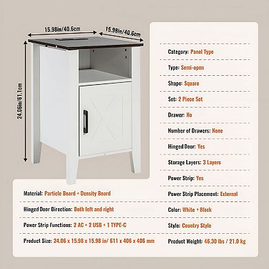 2 Pieces Farmhouse Side Table with USB and Outlet, End Table for Sofa or Bedroom - White