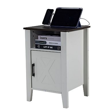 2 Pieces Farmhouse Side Table with USB and Outlet, End Table for Sofa or Bedroom - White