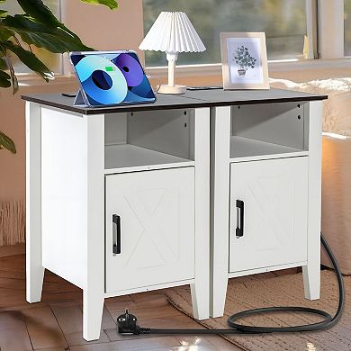 2 Pieces Farmhouse Side Table with USB and Outlet, End Table for Sofa or Bedroom - White