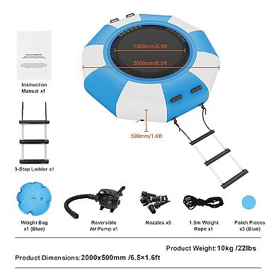 6.5 ft Inflatable Water Trampoline with Ladder and Pump for Lake Pool and Summer Play Blue and White