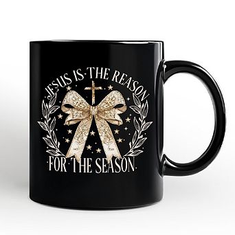 Jesus Is the Reason Christmas Mug, Coquette Gold Bow Cross Gift