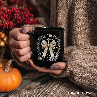 Jesus Is the Reason Christmas Mug, Coquette Gold Bow Cross Gift