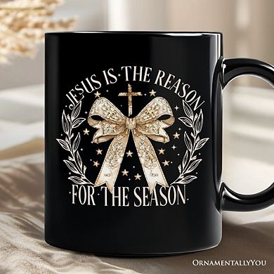 Jesus Is the Reason Christmas Mug, Coquette Gold Bow Cross Gift