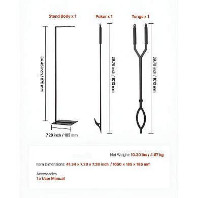 3-in-1 Fireplace Tool Set with Poker Tongs and Stand, Wrought Iron - Black